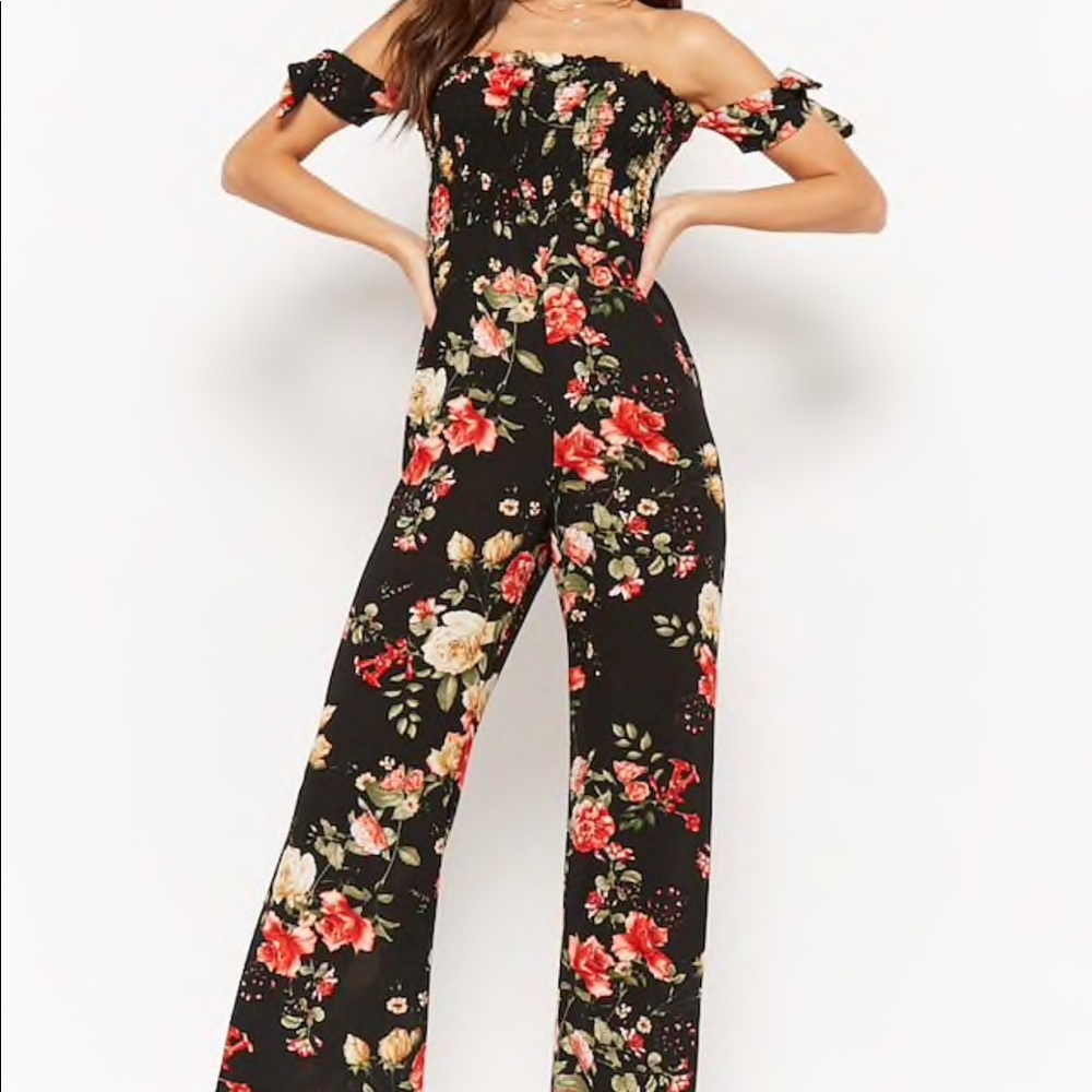 Crêpe floral smocked off the shoulder jumpsuit